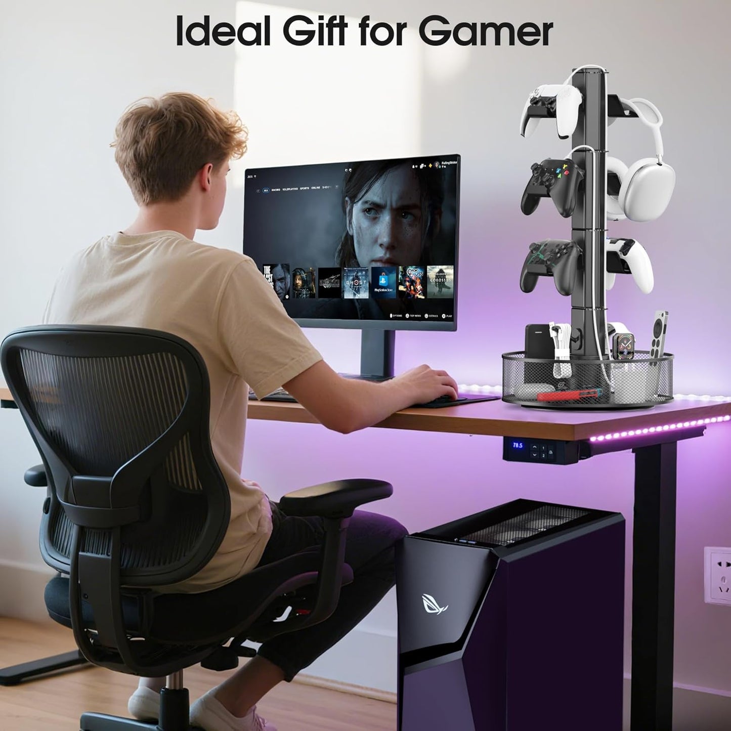 Rotatable Gaming Controller Holder with Basket for Desk, Controller Stand for PS5/PS4/Xbox/Switch/PC Accessories, Holder with Cable Organizer, 4 Tiers Black