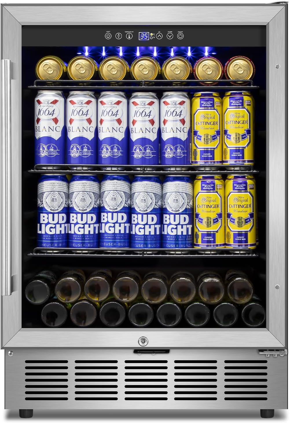 Beverage Refrigerator 24 inch-200 Can Drink Fridge with Glass Door, Under Counter/Freestanding Beverage Cooler with Temperature Memory, Reversible Door, Quick Cooling, Cooler for Beer, Soda, Wine