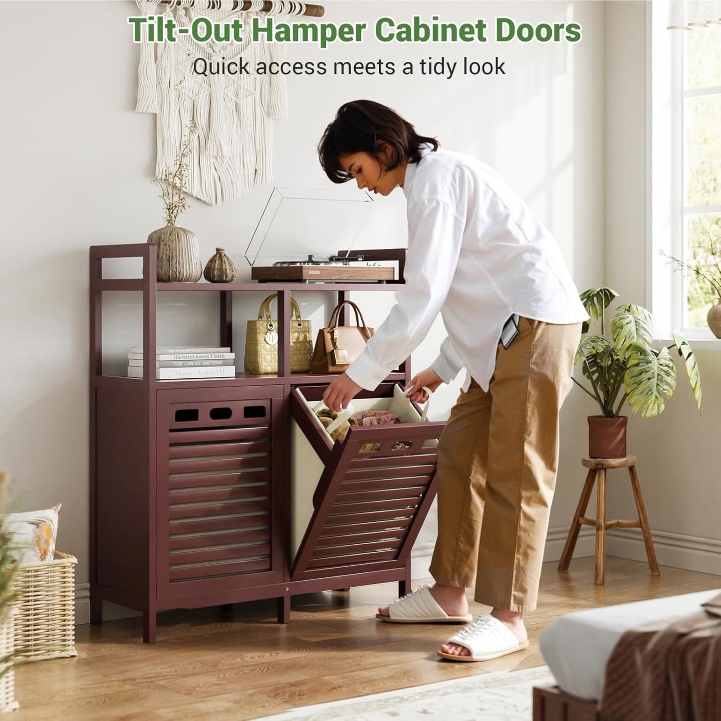 Homykic Tilt Out Laundry Hamper Cabinet, Bamboo Double Laundry Hamper with 2 Removable Laundry Baskets, 20 Gal Laundry Sorter Organizer with Shelf for Dirty Clothes, Bathroom, Laundry Room, Espresso