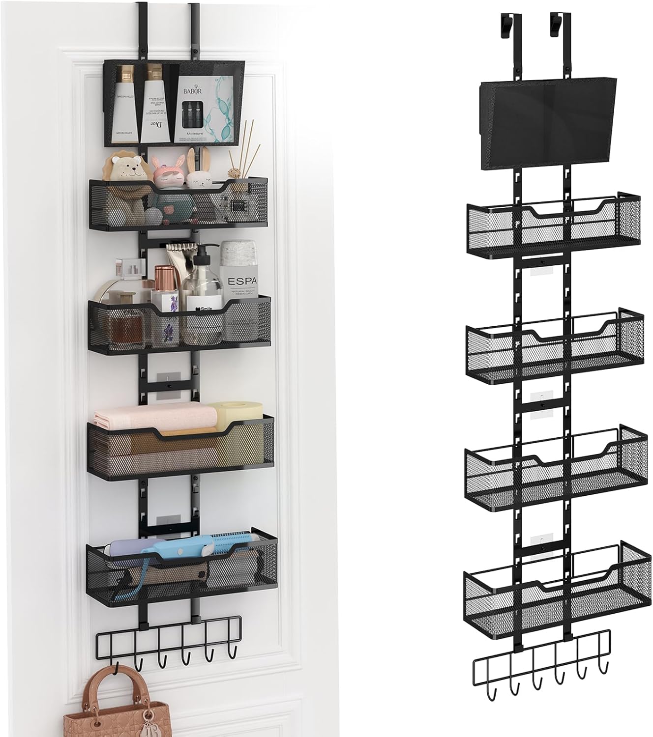 Adjustable Over The Door Organizer, Metal Hanging Door Storage with 4 Metal Baskets and PVC Pocket, Closet Door Organizer for Bathroom Bedroom Cabinet, Black