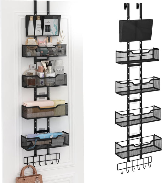 Adjustable Over The Door Organizer, Metal Hanging Door Storage with 4 Metal Baskets and PVC Pocket, Closet Door Organizer for Bathroom Bedroom Cabinet, Black