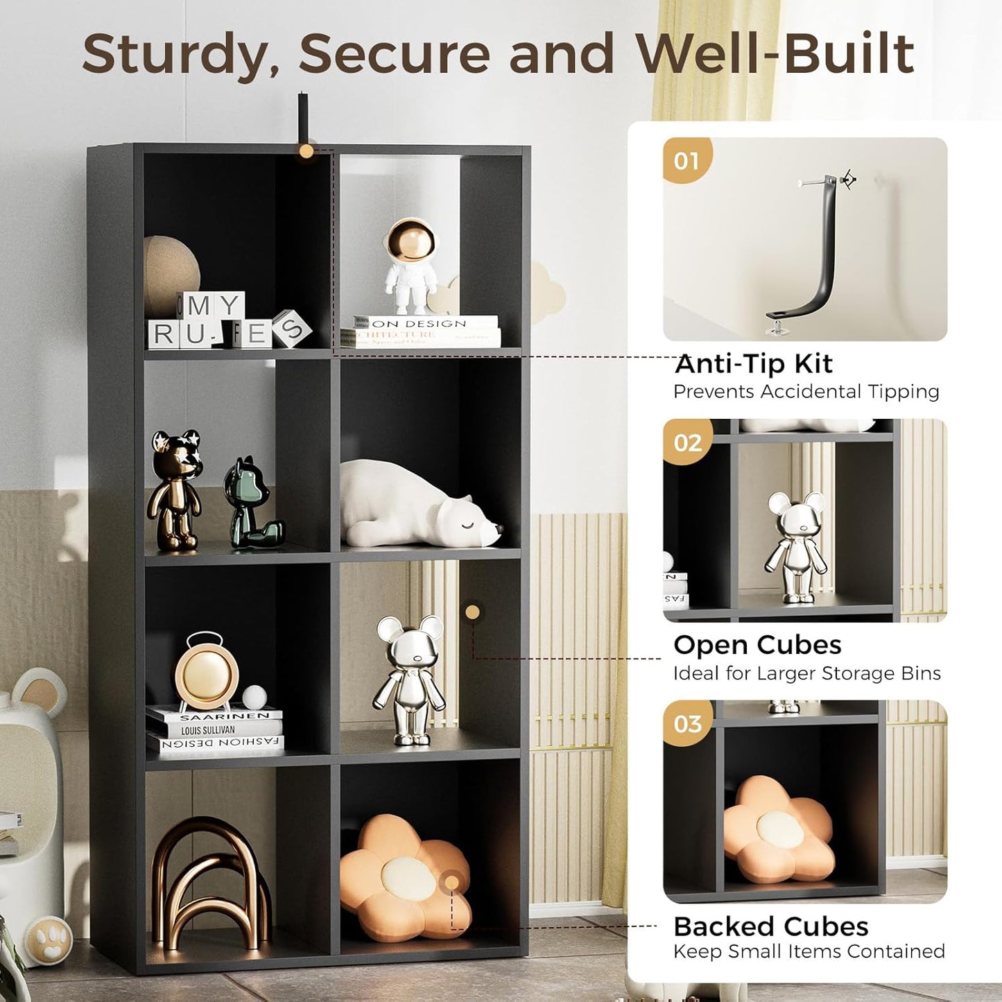 COMHOMA 8 Wood Cube Storage Organizer with Open Back and Removable Back Panels, 11In Black Cube Storage Bookshelf, Cubicle Shelf Bookcase for Home Office Bedroom Living Room, Vertical or Horizontal