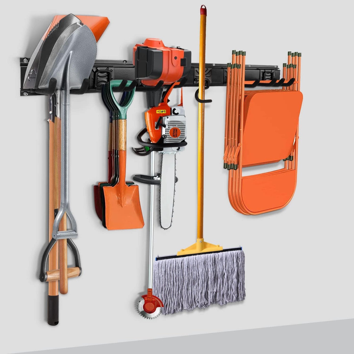 Garden Tool Storage Rack, Outdoor Power Tools Hangers for Garage Wall Organization with 6 assorted Multi-Purpose Hooks, Organizer Holders for Landscaping Equipment, Folding Chairs, Ladders etc.