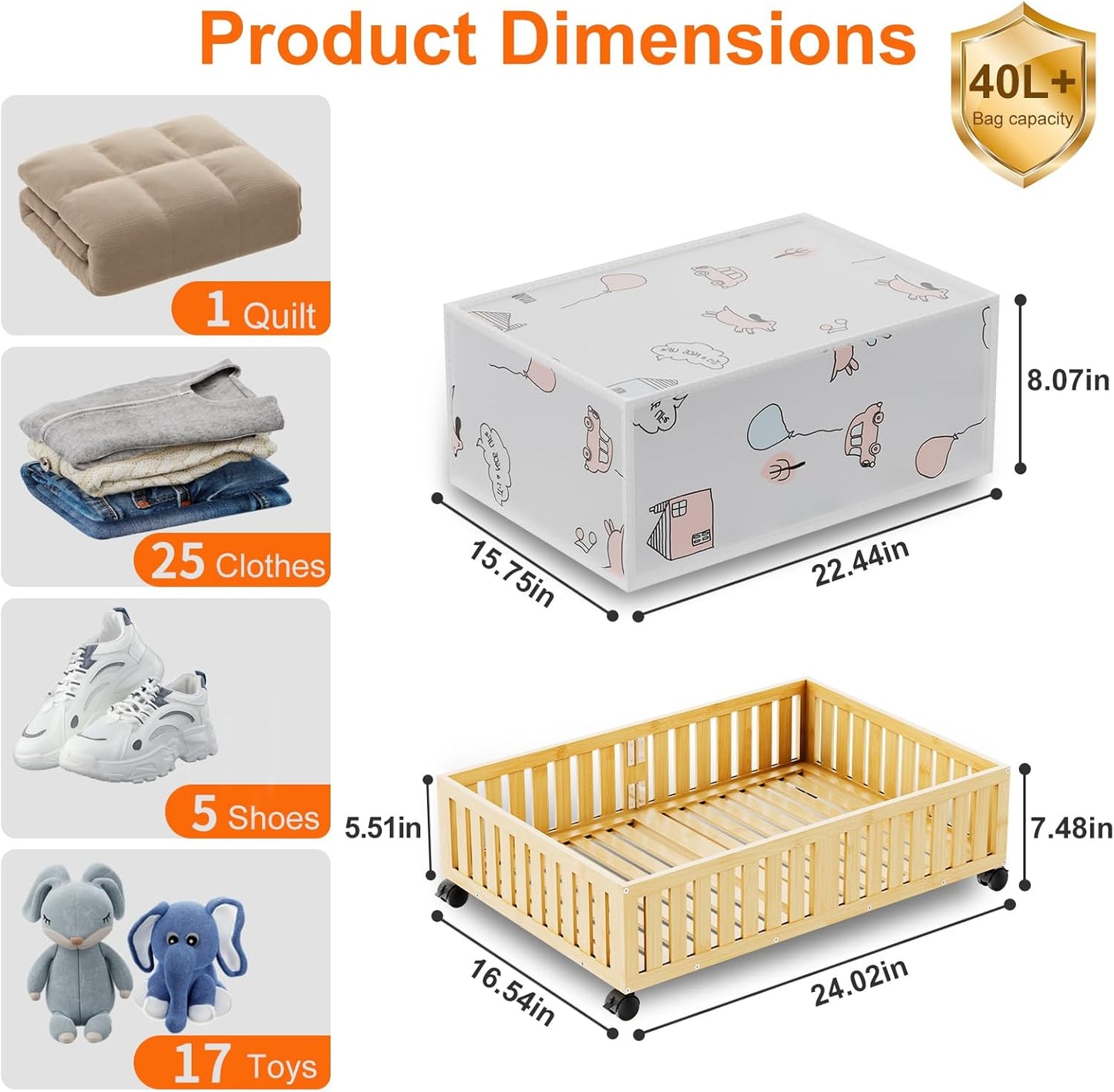Bamboo Under Bed Storage Containers with Wheels, 40L UnderBed Drawers with Dust Bag, Breathable Under Bed Shoe Storage, Rolling UnderBed Clothes Storage, 2Pack