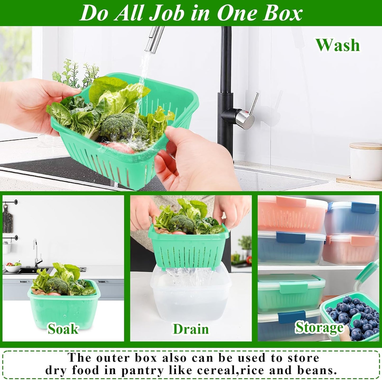 50oz Berry Keeper Fruit Storage Container for Fridge, Fresh Food Produce Saver Containers with Removable Drain Colander, Vegetable Lettuce Keeper Bowl, Refrigerator Organizer, PRESS TO OPEN CLOSE LID