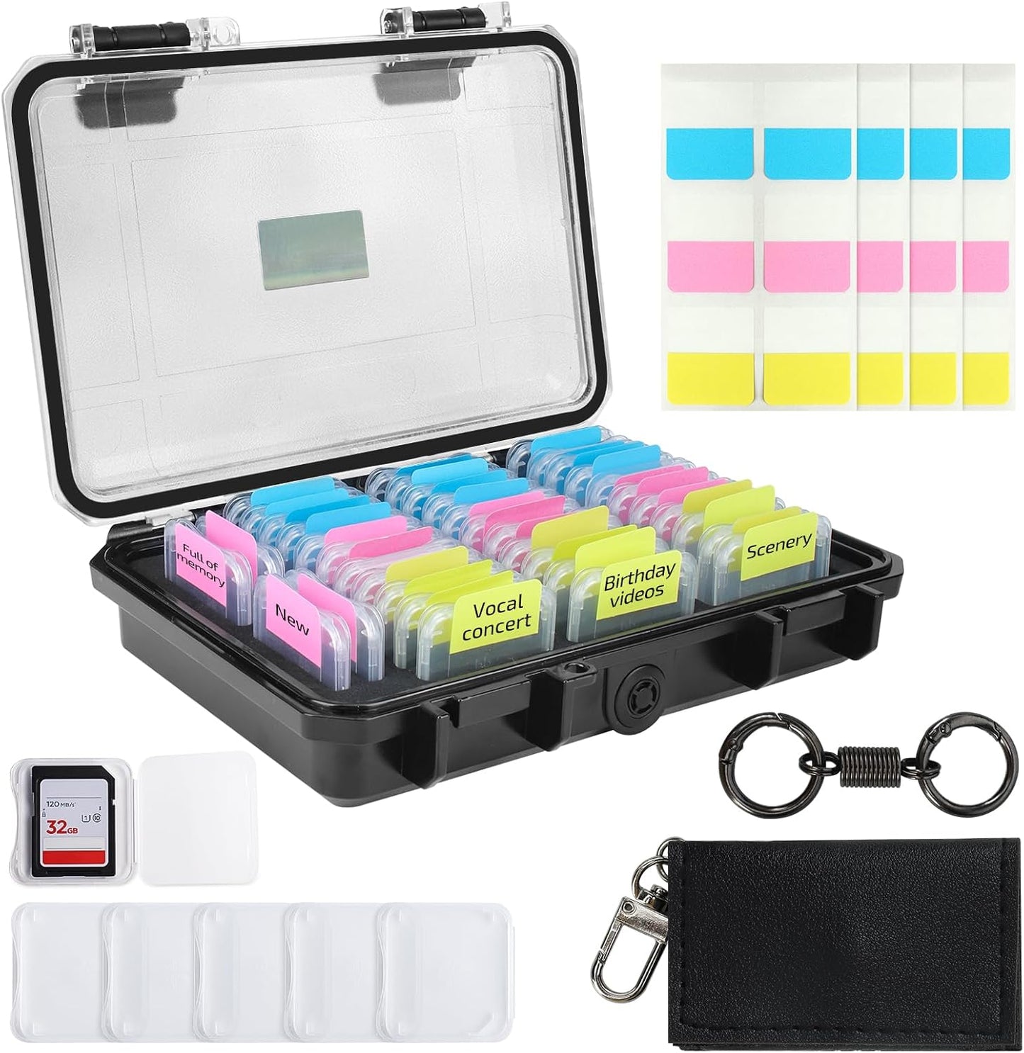 37 Slots Memory Card Case & 36 Transparent Card Cases & 60 Visual Sticky Notes, Water-Resistant Anti-Shock Anti-Dust SD Card Holder Storage,SD Card Case for Camera Memory Card（Clear Plastic）