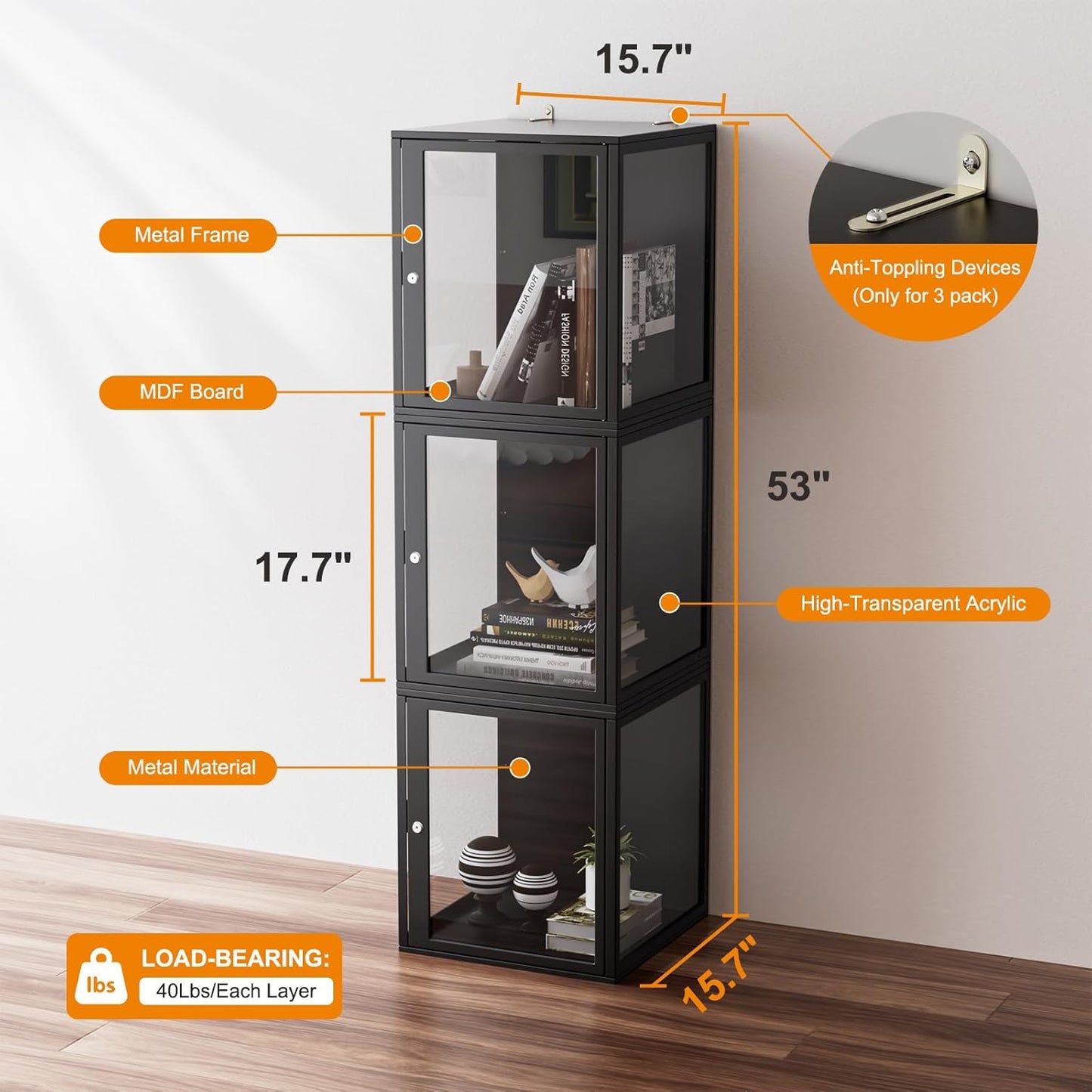 NAIZEA Display Case w/Lock, 17.7"x15.7"x15.7" LED Dustproof Show Case for Collectibles, Figure, Trophy, Display Box for Collectibles Bedroom Living Room Office Game Room,3 Pack