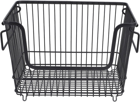 Freezer Organizer Bin, Stackable Wire Basket for Freezer, Heavy Duty Metal Storage Basket with Easy Access Front Opening, for Fruits Meat Vegetables in Kitchen Home Use, Bl