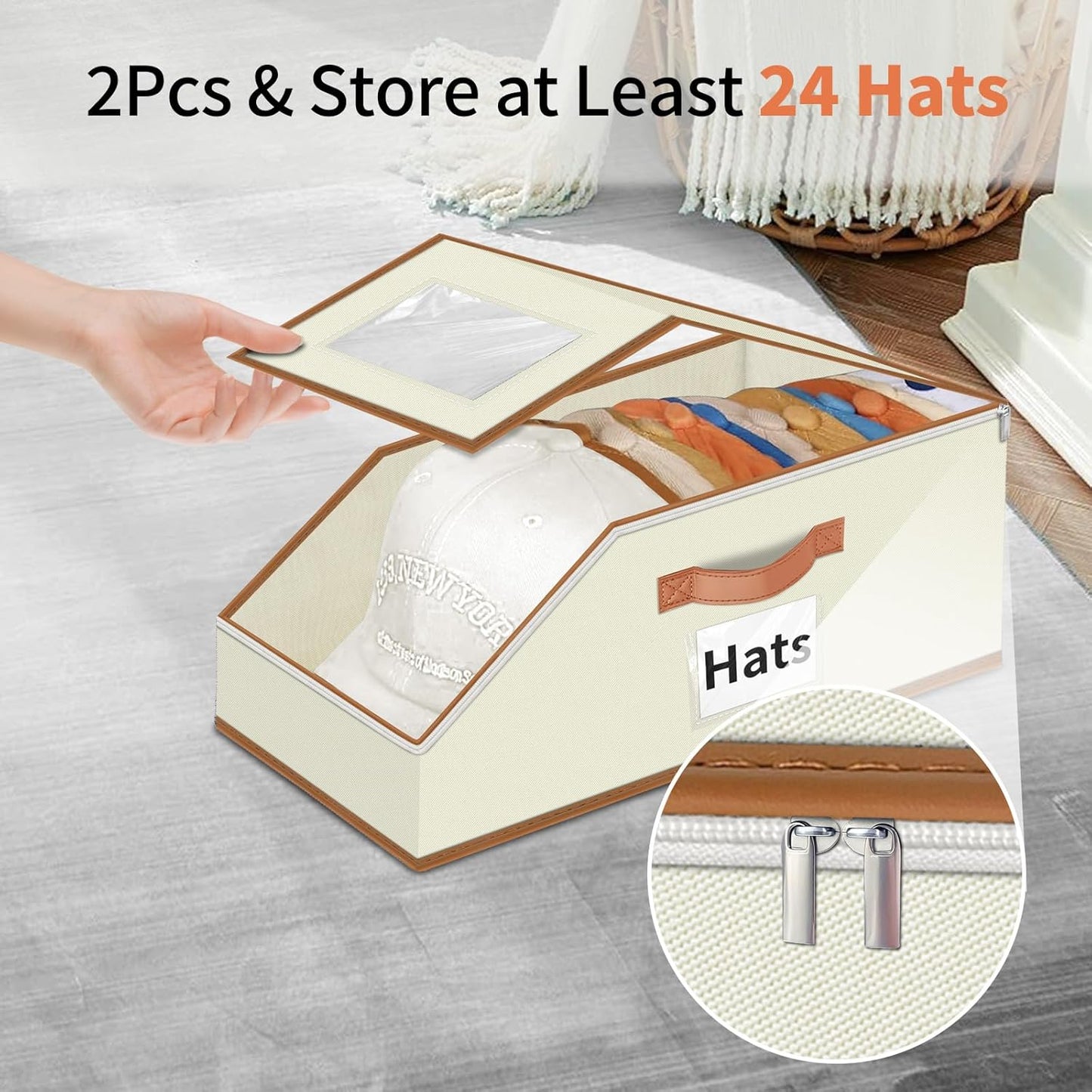 Hat Organizer for Baseball Caps - 2PCS Stackable Storage with Clear Window Lid, Flip-Top Access, Space-Saving Hat Box for Closet, Breathable Fabric (beige with brown)