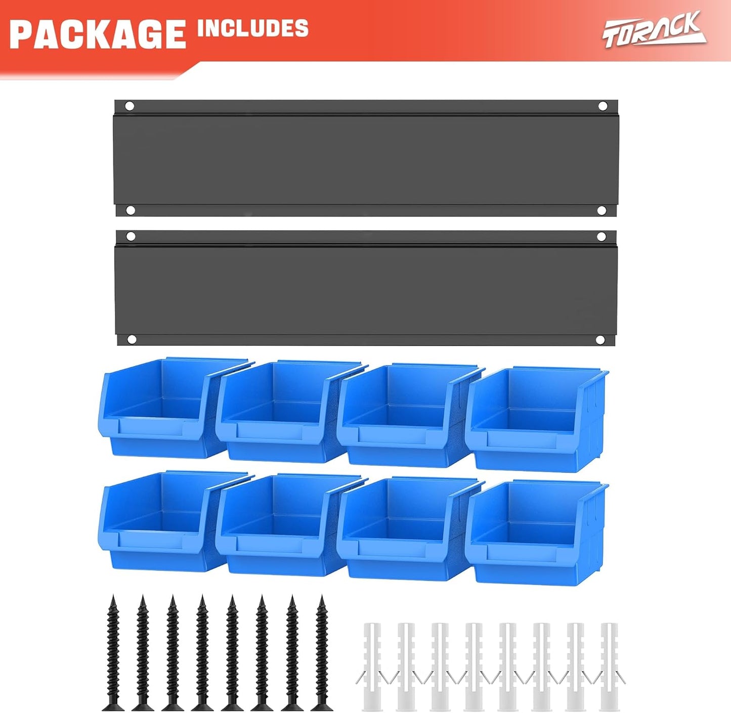 TORACK Wall-Mounted Storage Bins - 8 Plastic Bins & 2 Metal Tracks for Tools Organization in Garage, Craft Room, and Shop(Blue)