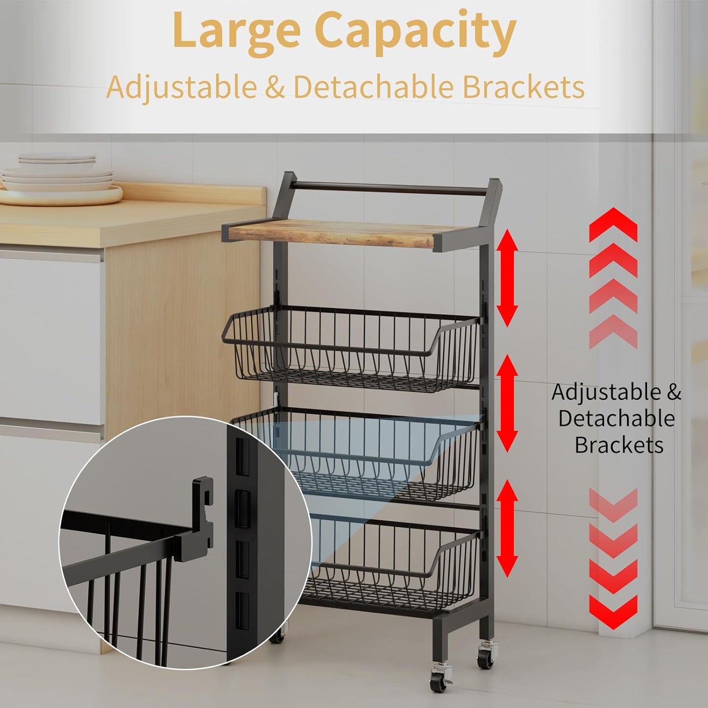 4-Tier Slim Rolling Storage Cart, Narrow Kitchen Cart with Lockable Wheels & Water-Resistant Wooden Tabletop, Small Space Utility Cart for Kitchen/Bathroom/Living Room/Laundry Room