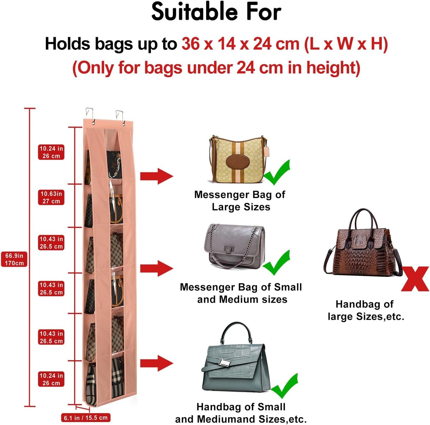 Lirex Over The Door Organizer, 2 Pack Handbag Storage with 6-Tier Space-Saving for Door or Closet, Handbag Hanger, Light Pink