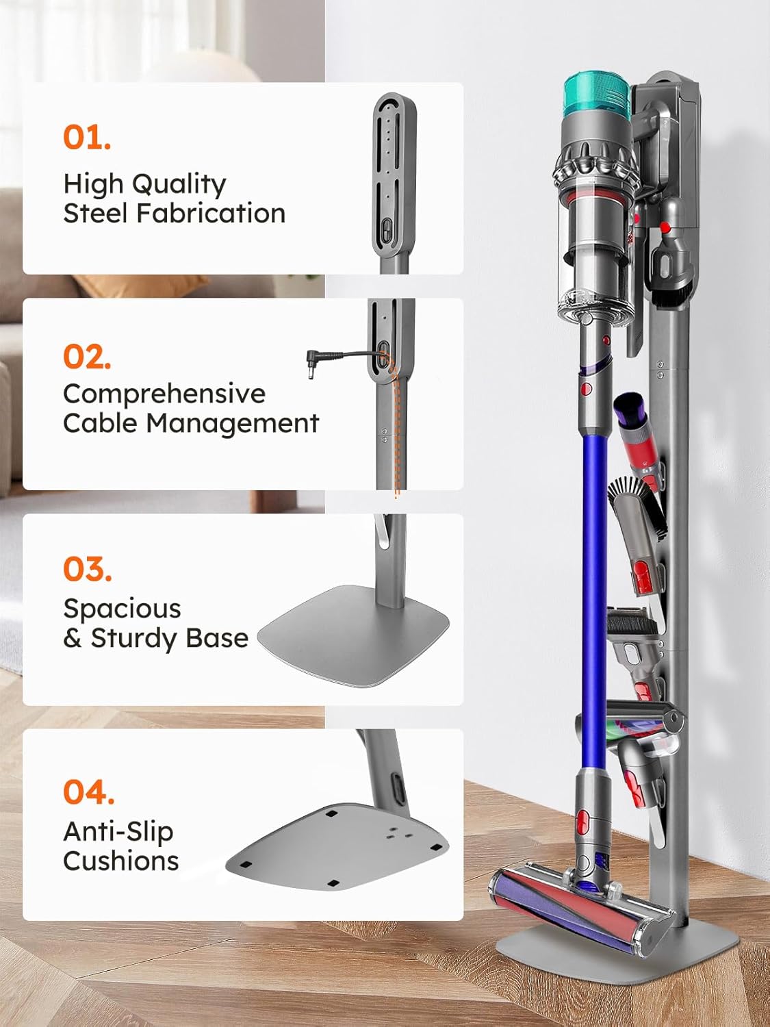 Vacuum Stand Compatible with Dyson Gen5 V15 V12 V11 V10 V8 V7 V6, Heavy Base Metal Vacuums Attachment Holder with 4 Hooks, Hidden Cord Management & Storage Bracket for Dyson Cordless Vacuums