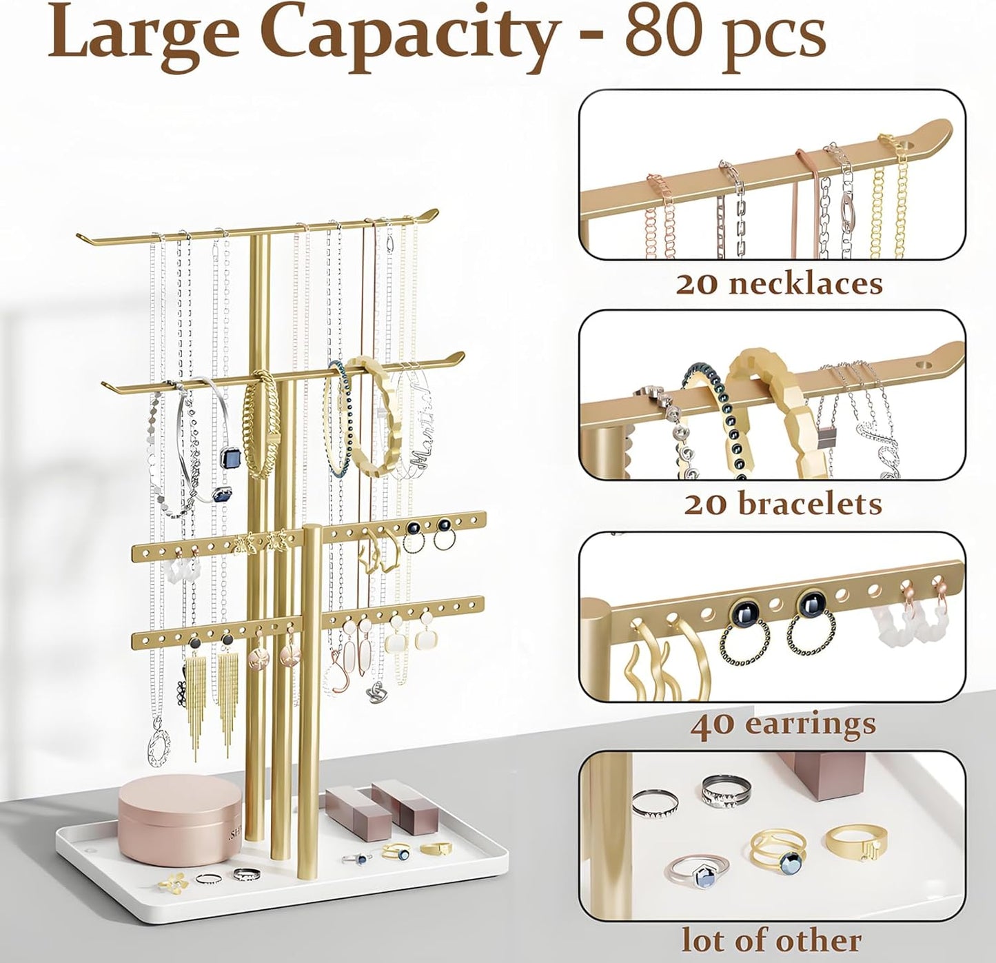 pickpiff Jewelry Stand Holder Organizer: 12.5" Tall Sturdy Hanger for 80 Pcs Jewelry, Gold Jewlery Tower for Necklace, Earring, Bracelet