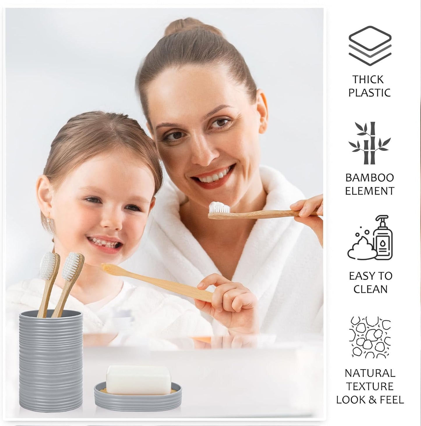 CERBIOR Bathroom Accessories Set 6 Piece Bamboo Bath Ensemble Includes Soap Dispenser, Toothbrush Holder, Toothbrush Cup, Soap Dish for Decorative Countertop and Housewarming Gift, Sriral Grey