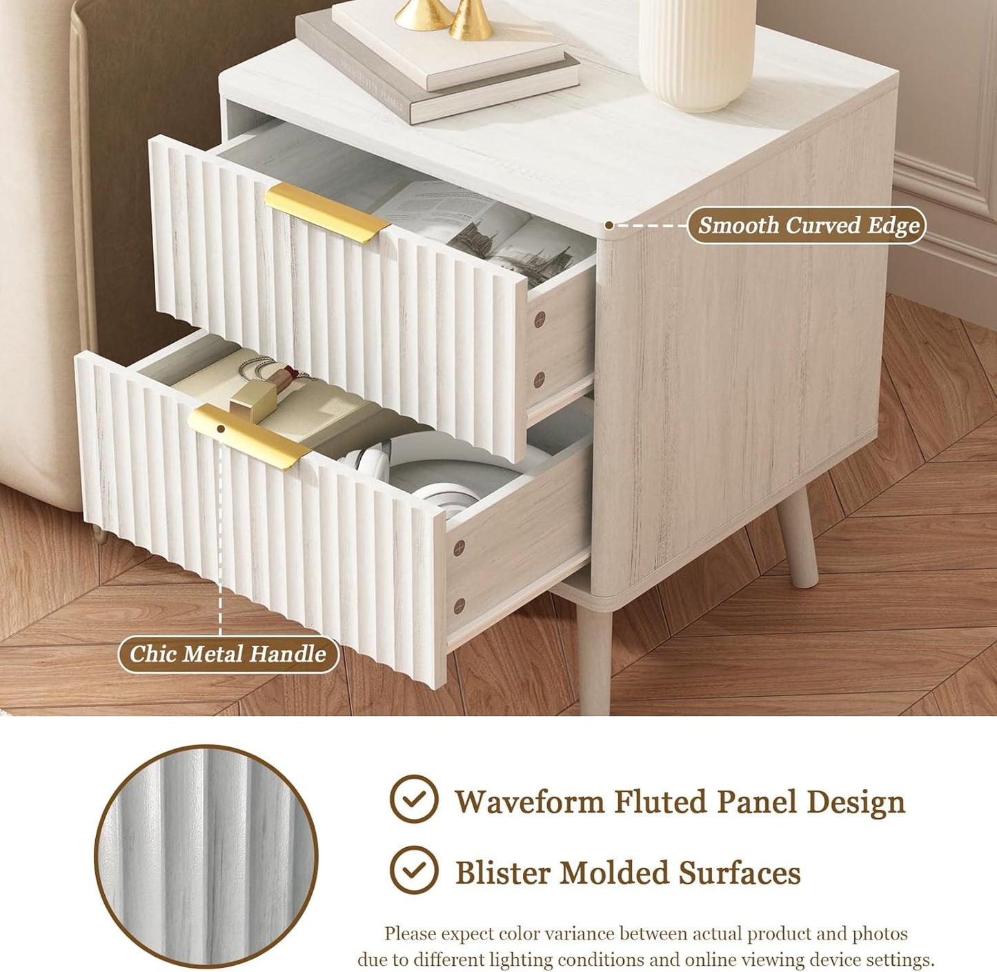 CARPETNAL Fluted Nightstand, White Bedside Table with 2 Drawers and Gold Handles, Wood End Table Mid Century Night Stands for Bedroom Living Room