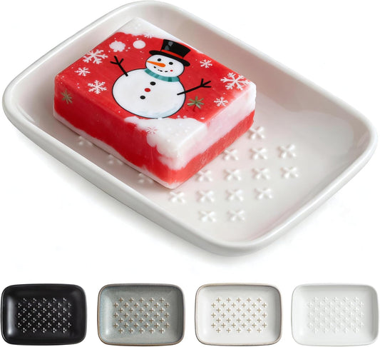 Gomakren Soap Dish, Shower Soap Holder, Christmas Ceramic Soap Dishes for Bar Soap Sponge Shampoo, Soap Saver Tray for Bathroom Kitchen Sink Counter, 5.5 Inch, White
