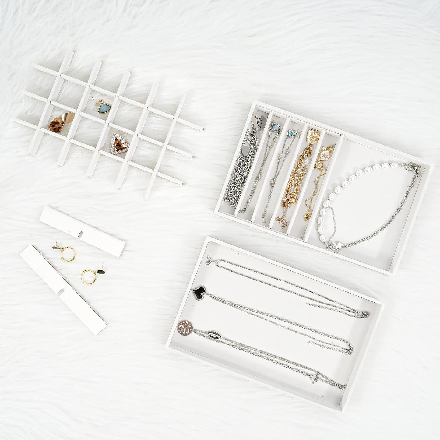 ProCase Stackable Jewelry Organizer Trays for Drawers, Jewelry Drawer Inserts Container Display Case Storage for Earring Necklace Rings Bracelet with Removable Dividers -Warmwhite, 4 Layers