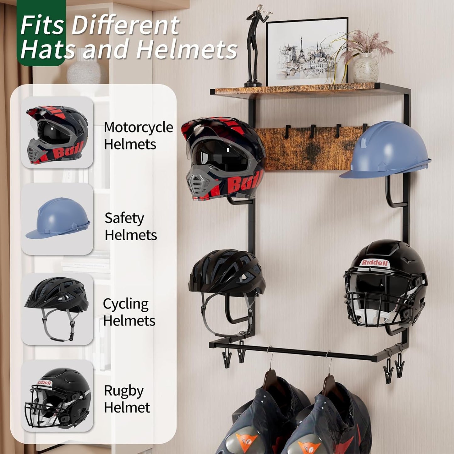 Motorcycle Helmet Holder Wall-Mounted Helmet Rack with 4 Glove Chips& Hooks - Rustic Bike Helmets Storage Organizer, Universal Wall Mount for Helmets, Gear, Clothes, Accessories，Retro