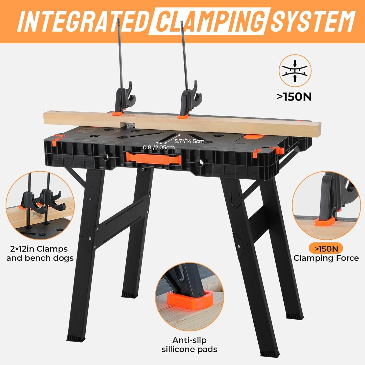 TLGREEN Folding Work Table,2 Pack,Express Portable Workbench Set of 2, Lightweight Workbench with Clamps Dogs, Clamps,Power Strip,for Garage,Table Saw,Home,Workshop,330lbs Load Capacity