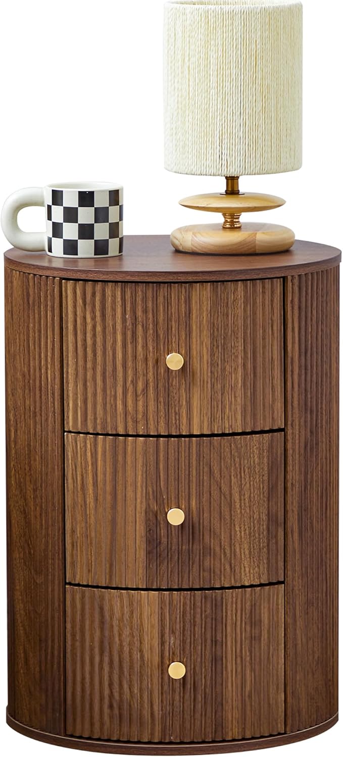 Fully Assembled Round End Table with 3 Storage Drawers, 15.75”Mid Century Side Table for Living Room, 3 Drawers Nightstand for Bedroom, Circle Sofa Bedside Table (Walnut-1 pc)