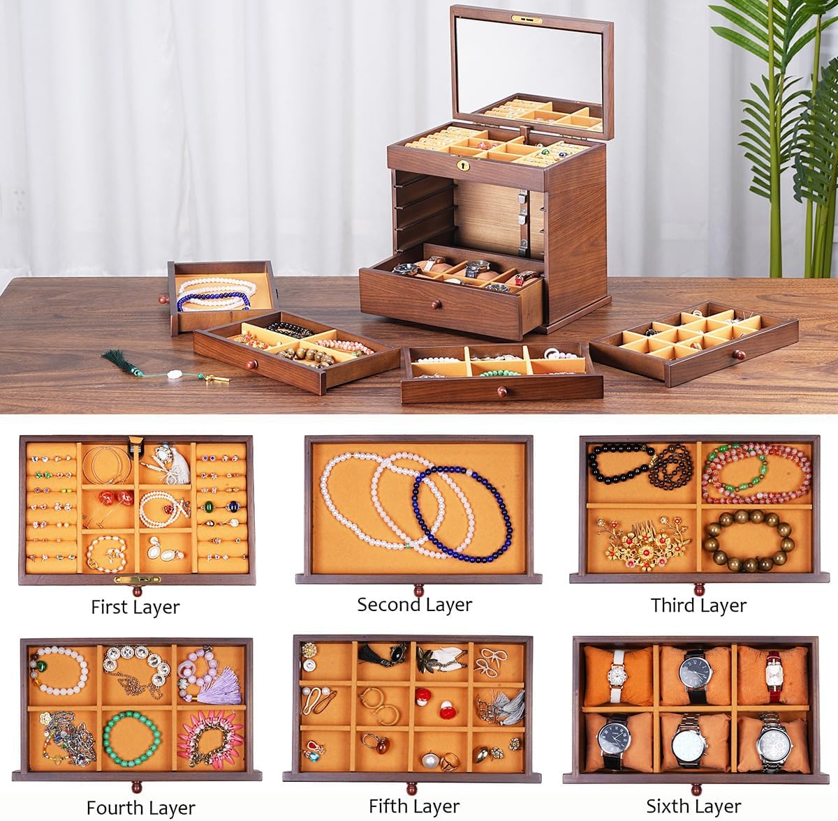 Vintage Rustic Wooden Jewelry Organizer boxes with 5 Drawers & Lock | Large Storage Box for Necklaces, Rings, Earrings | Handcrafted Gift for Women