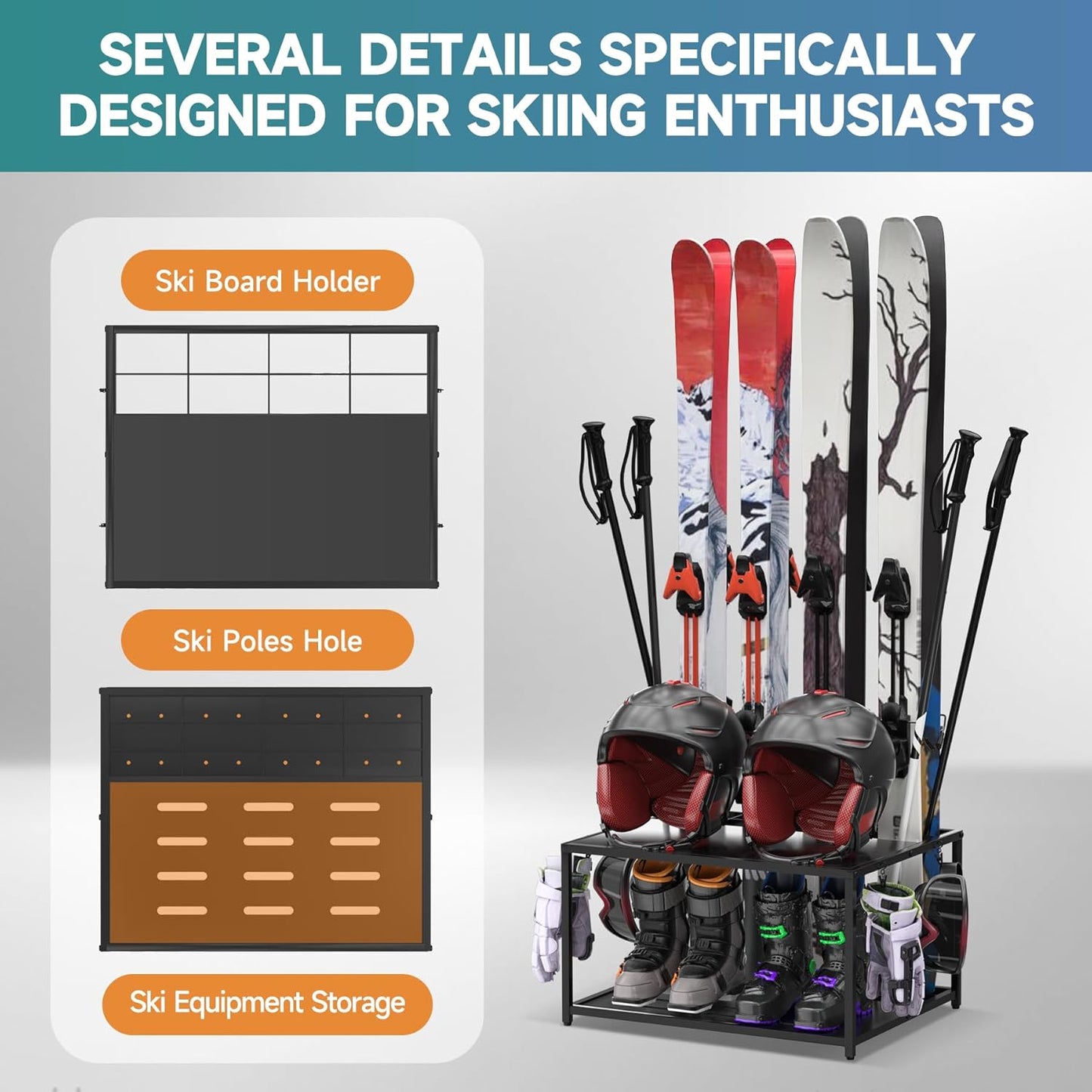 Freestanding Ski Holders for 4Pairs of Skis Ski Boot, Poles,Goggles, Helmet and More,Storage Rack for Garage, Heavy Duty Steel Floor Stand Ski Organizer for Garage Basement(Double-Layer storage shelf)