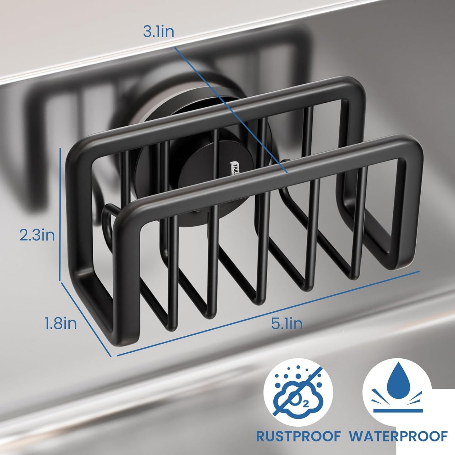 TAILI Sponge Holder for Kitchen Sink with Strong Suction Cup, Removable Sponge Holder, Rustproof Aluminum Sink Caddy for Sponges, Dish Brush - Black
