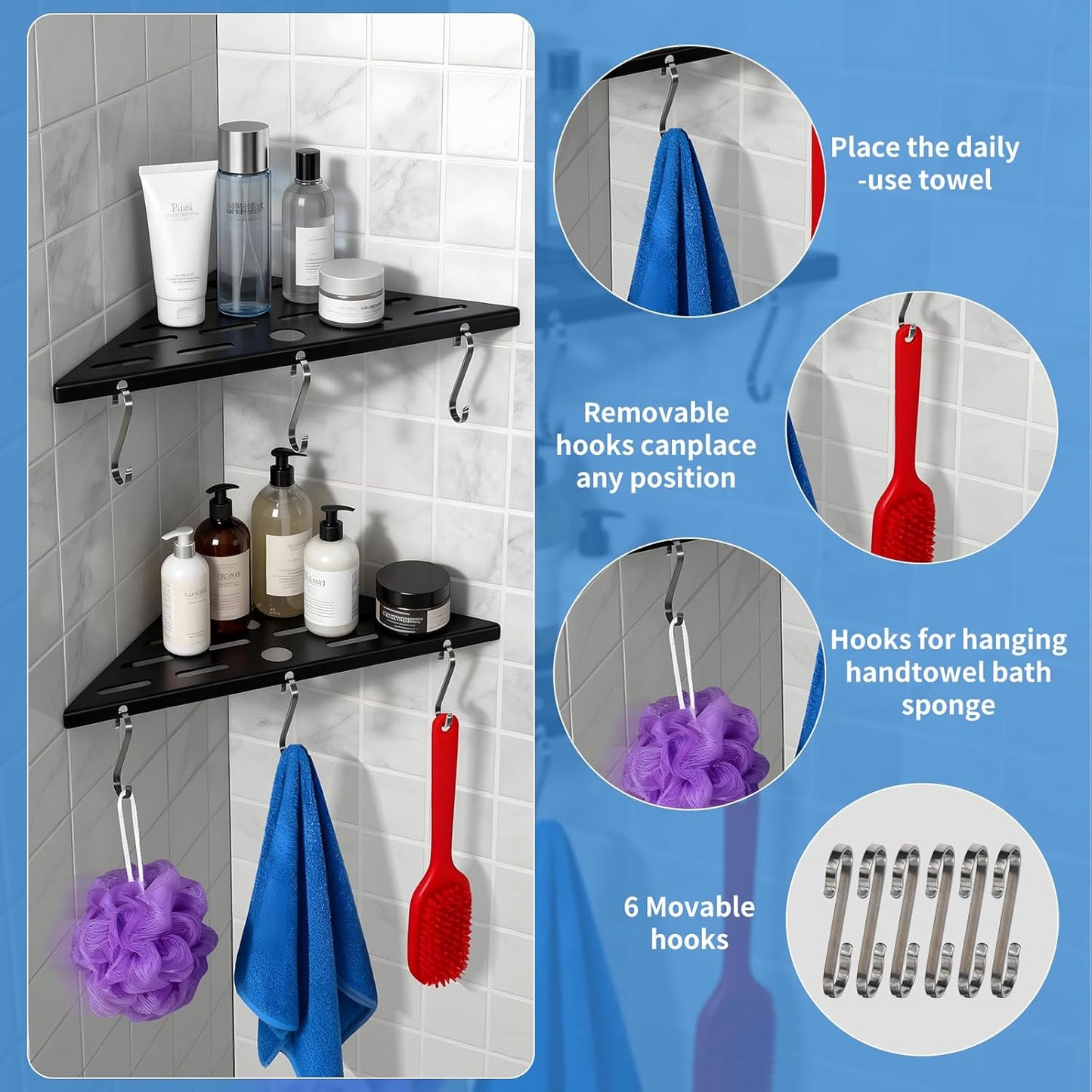 Shower Corner Shelf 304 Stainless Steel Shower Caddy 2 Tier Shower Organizer Niche Extra 6 Hangers Shelves 40 lbs Large Capacity Bathroom Storage for Inside Anti-Rust Drilling Installation (Black)