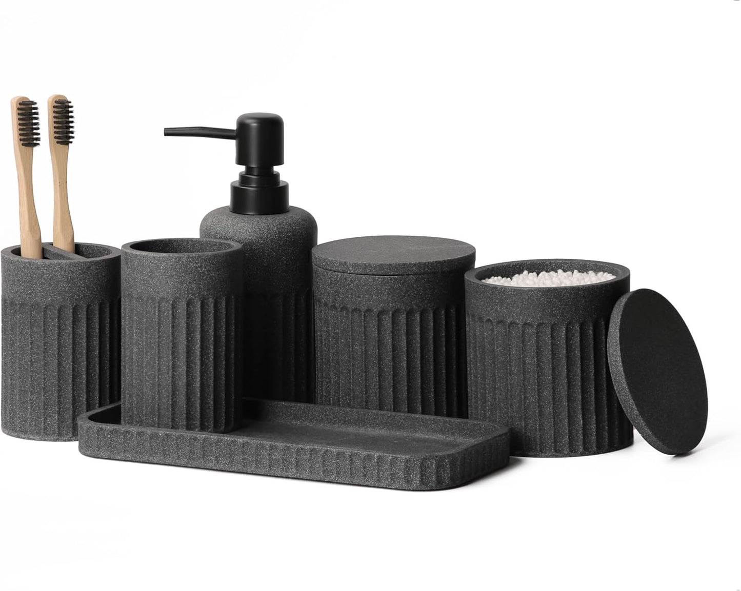 Bathroom Accessory Set - 6 Pieces Bathroom Accessories Set Complete with Soap Dispenser, Toothbrush Holders, Tumbler, Vanity Tray and 2 Qtip Holder for Home Organizer and Decor, Dark Grey