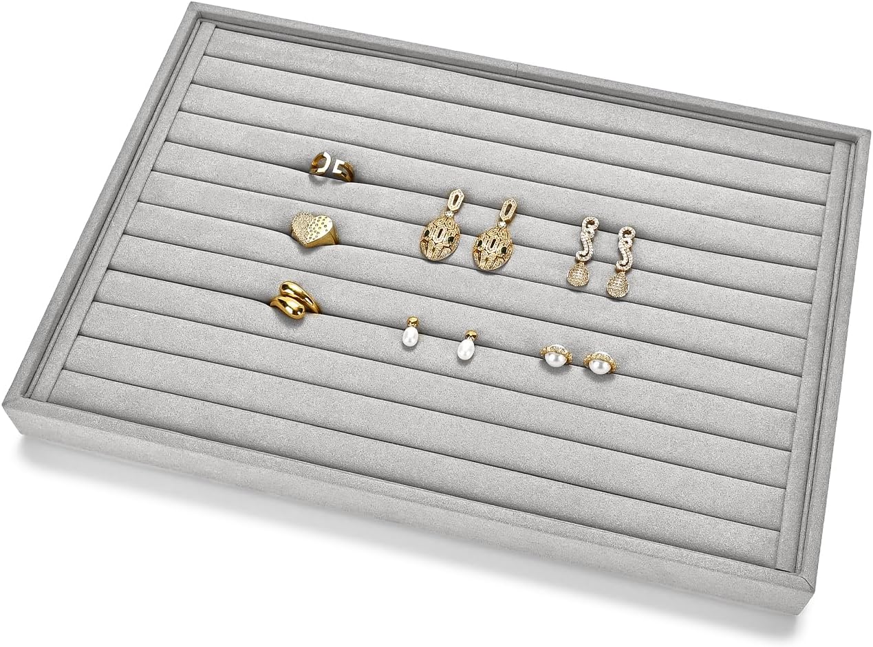 Papte Microfiber Jewelry TrayRing Earring Display Tray Jewelry Drawer Organizer Ring Earring Holder Storage(Grey)