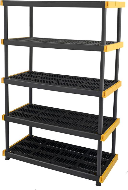 CX Black & Yellow, 5-Tier Heavy Duty Plastic Storage Shelving Unit, 200lbs/shelf (72”H x 48”W x 20”D), for Garage Storage, Warehouse & Basement Use, Modular Rack