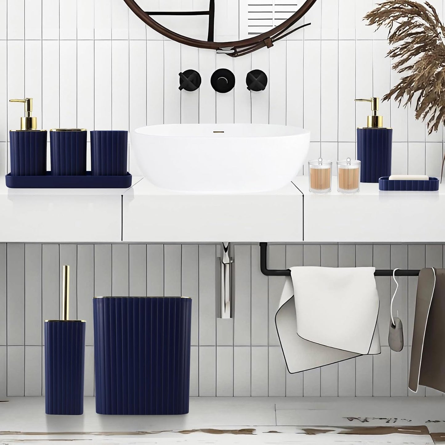 Bathroom Accessories Set - Gorgeous Bathroom Set, 10PC Navy Blue Bathroom Accessory Set, Toilet Brush, Trash Can, Qtip Holder Dispenser & Soap Dispenser