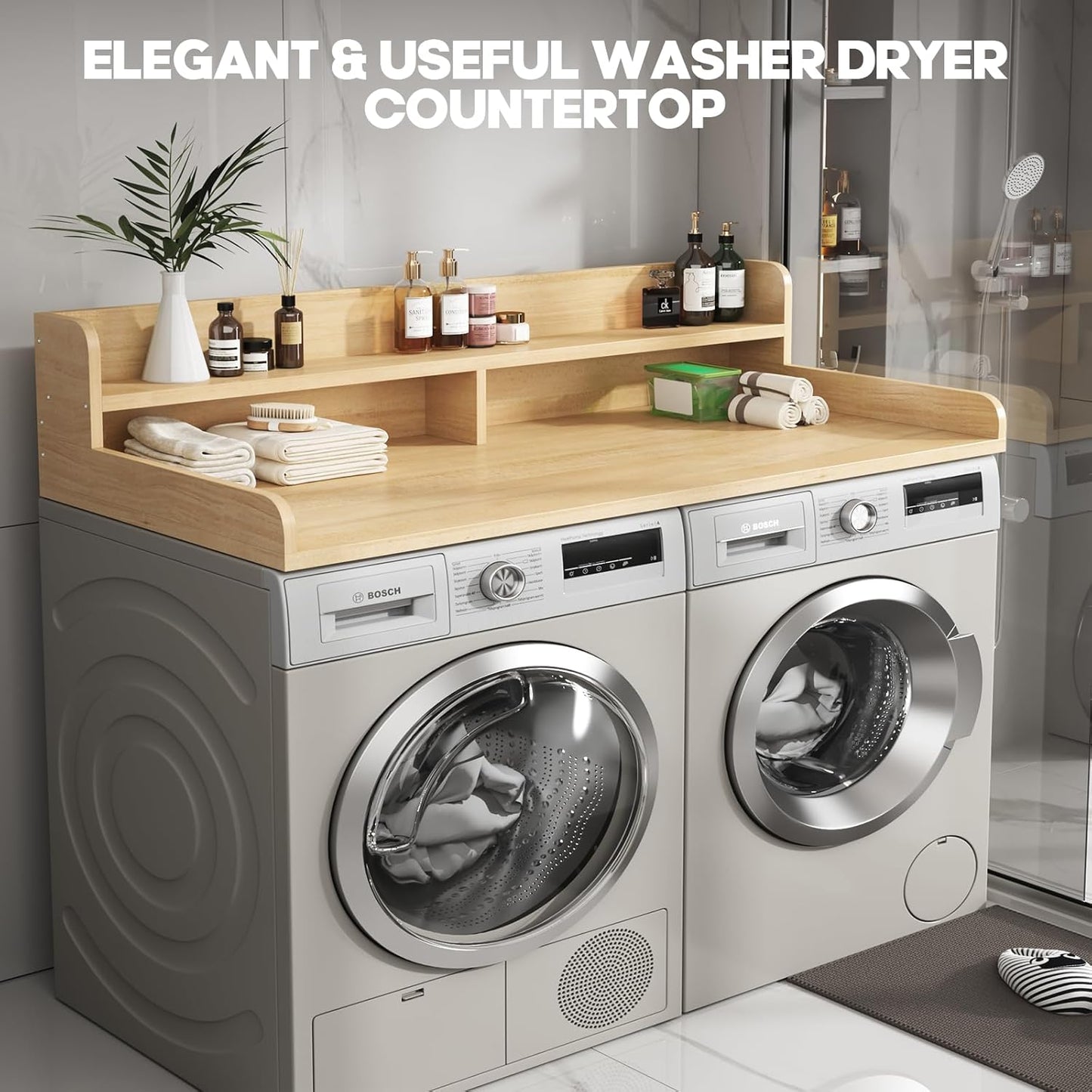 2-Tier Washer and Dryer Countertop,2.75" H Guard,58" W x 28" D Laundry Countertop Cover with Non-Slip Pad,Large Space Laundry Topper for Folding Clothes Over Washer and Dryer-Pure Wood Color