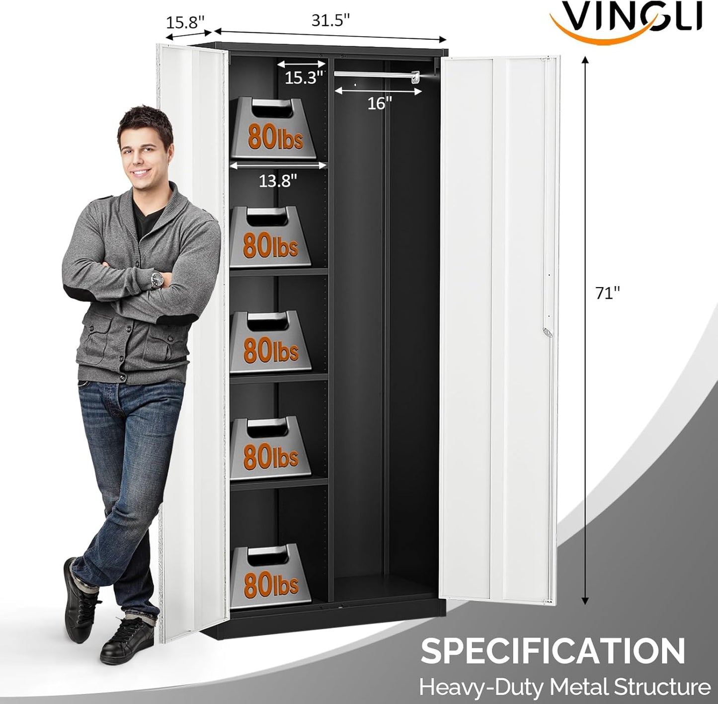 VINGLI Metal Storage Cabinet with Hanging Rod, 4 Adjustable Shelves, Lock Doors with Modern Gray Pattern Design, Armoire Wardrobe Closet Tool Functional Cabinet for Home, Office, Garage (Gray & Black)