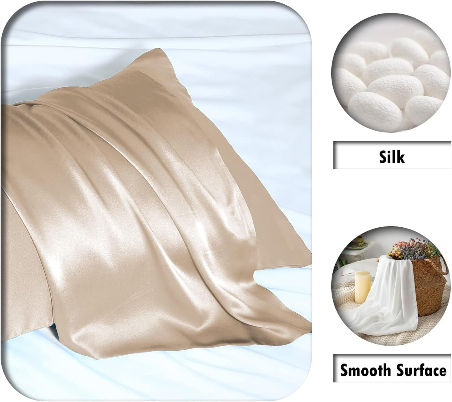 Mulberry Silk Pillowcase for Hair and Skin Pillow Case with Hidden Zipper Soft Breathable Smooth Cooling Silk Pillow Covers for Sleeping (Champagne, King（20"X 36"）)
