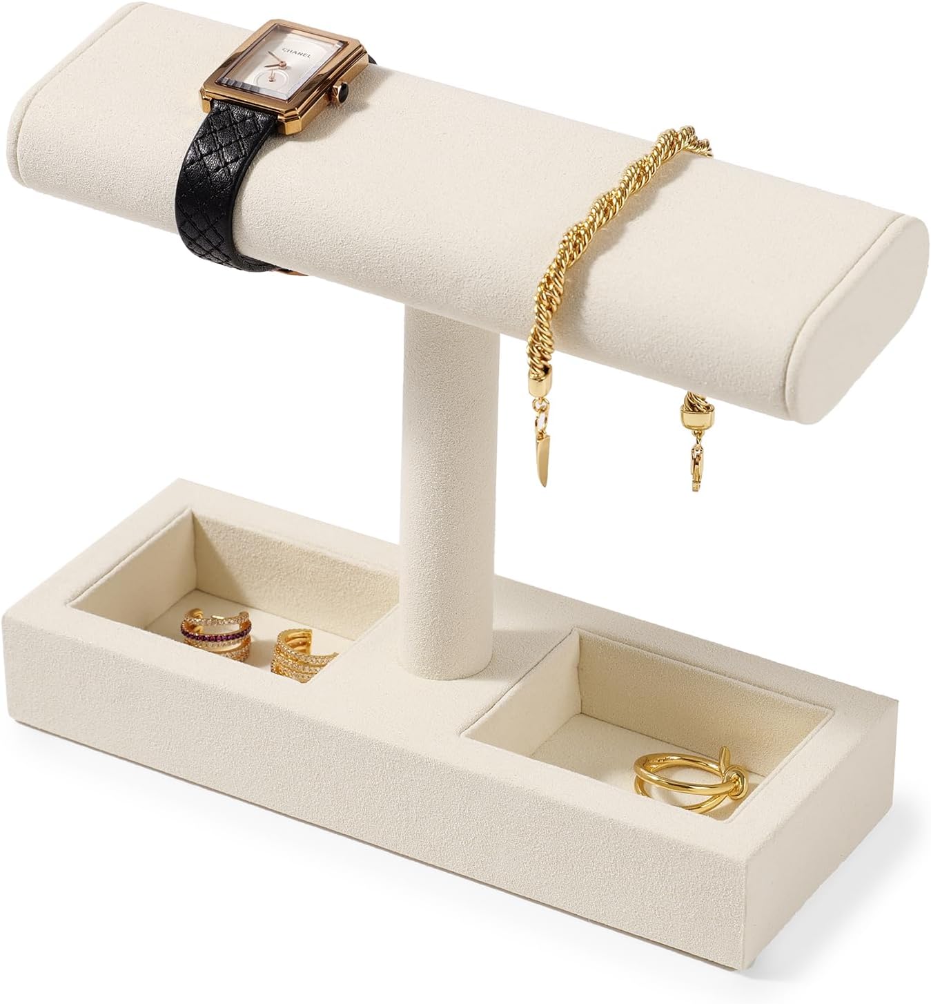 Oirlv Microfiber T-Bar Watch Display Stand Jewelry Display Props Jewelry Organizer Holder for Watch Bracelet Ring Earrings (Creamy-white,Microfiber)