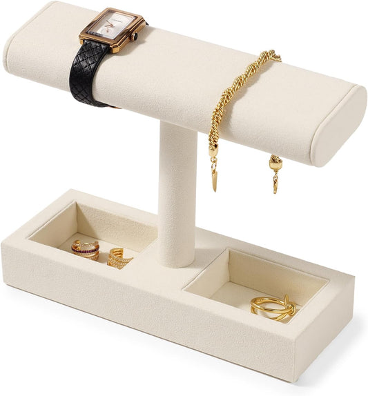 Oirlv Microfiber T-Bar Watch Display Stand Jewelry Display Props Jewelry Organizer Holder for Watch Bracelet Ring Earrings (Creamy-white,Microfiber)