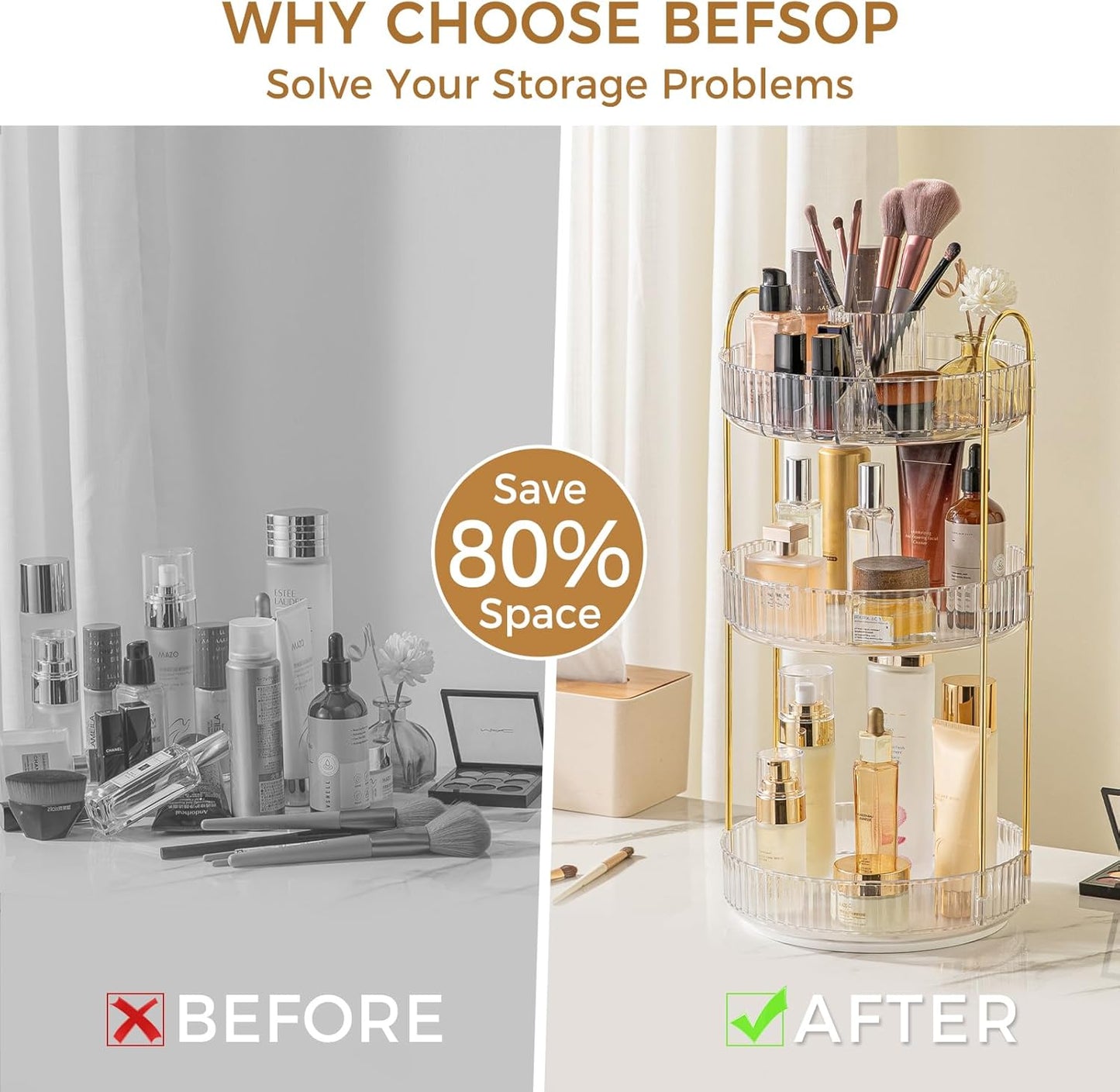 360° Rotating Makeup Organizer, Upgraded 3 Tier Skincare Perfume Organizers for Women, Bathroom Organizer Countertop, Clear Cosmetic Dresser Organizer with Makeup Brush Holder, Sink&Counte (Clear)