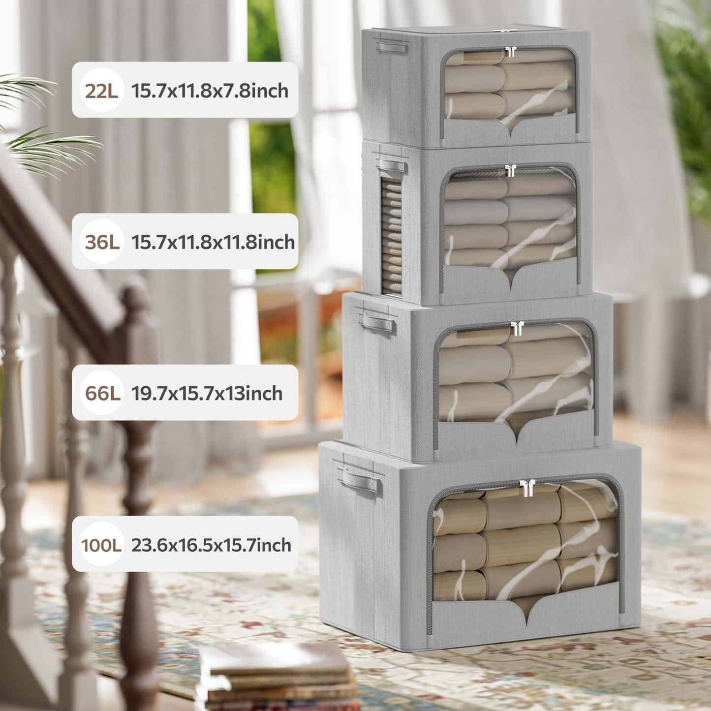 FHSQX 3 Pack Clothes Storage Bins Foldable Metal Frame Storage Box Extra Large Stackable Linen Fabric Organizer Set with Carrying Handles and Clear Window (Light Gray, 23.6x16.5x15.7inch(100L))