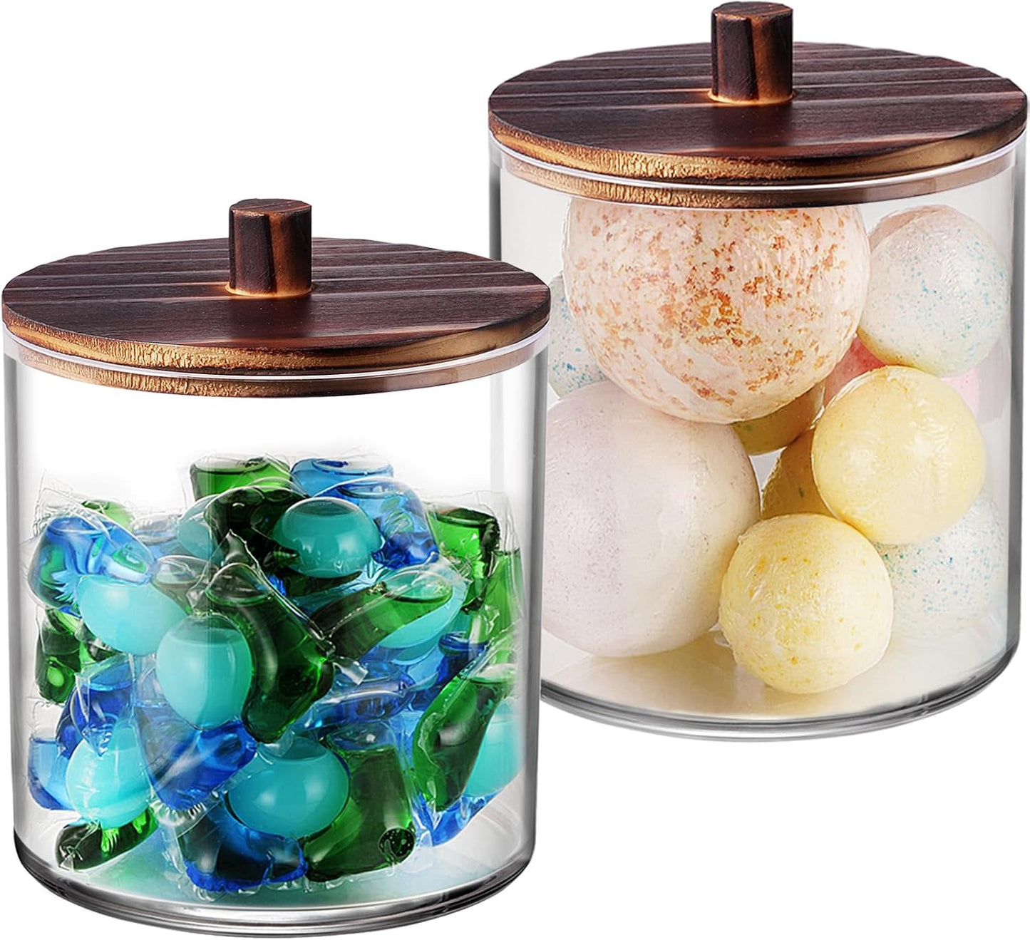 SheeChung 2 Pack 50 Oz Large Apothecary Jar with Wood Lid, Laundry Pods Container, Storage Jars for Bathroom Organization, Plastic Canisters with Cute Stickers Spoons(Dark Brown)