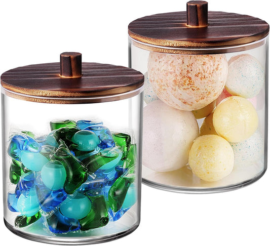 SheeChung 2 Pack 50 Oz Large Apothecary Jar with Wood Lid, Laundry Pods Container, Storage Jars for Bathroom Organization, Plastic Canisters with Cute Stickers Spoons(Dark Brown)