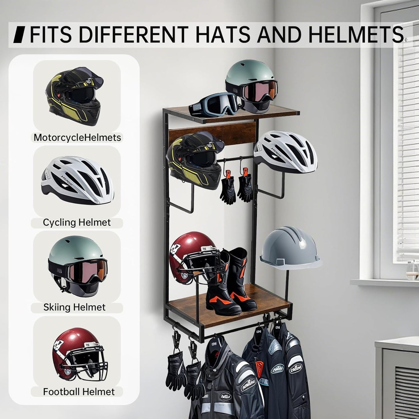Motorcycle Helmet Rack, Wall Mount with 4 Glove Chips, 10 Hooks and Rustic Finish for Multiple Helmets and Clothes