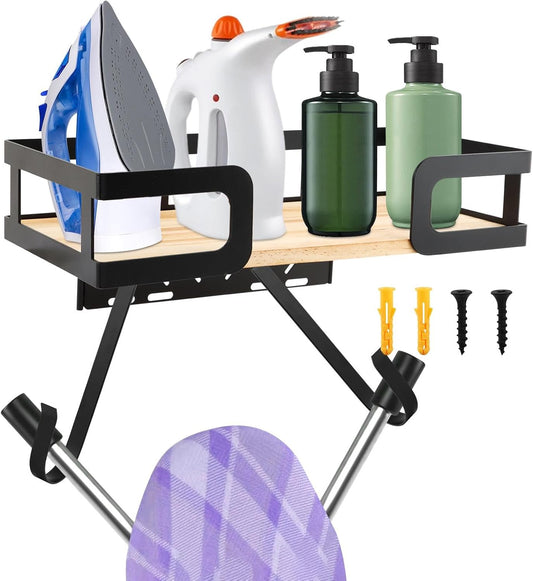 Ironing Board Holder Wall Mount, Metal Ironing Board Hanger with Shelf, T&V Shaped Space Saving Iron Holder for Laundry Room Accessories Organization