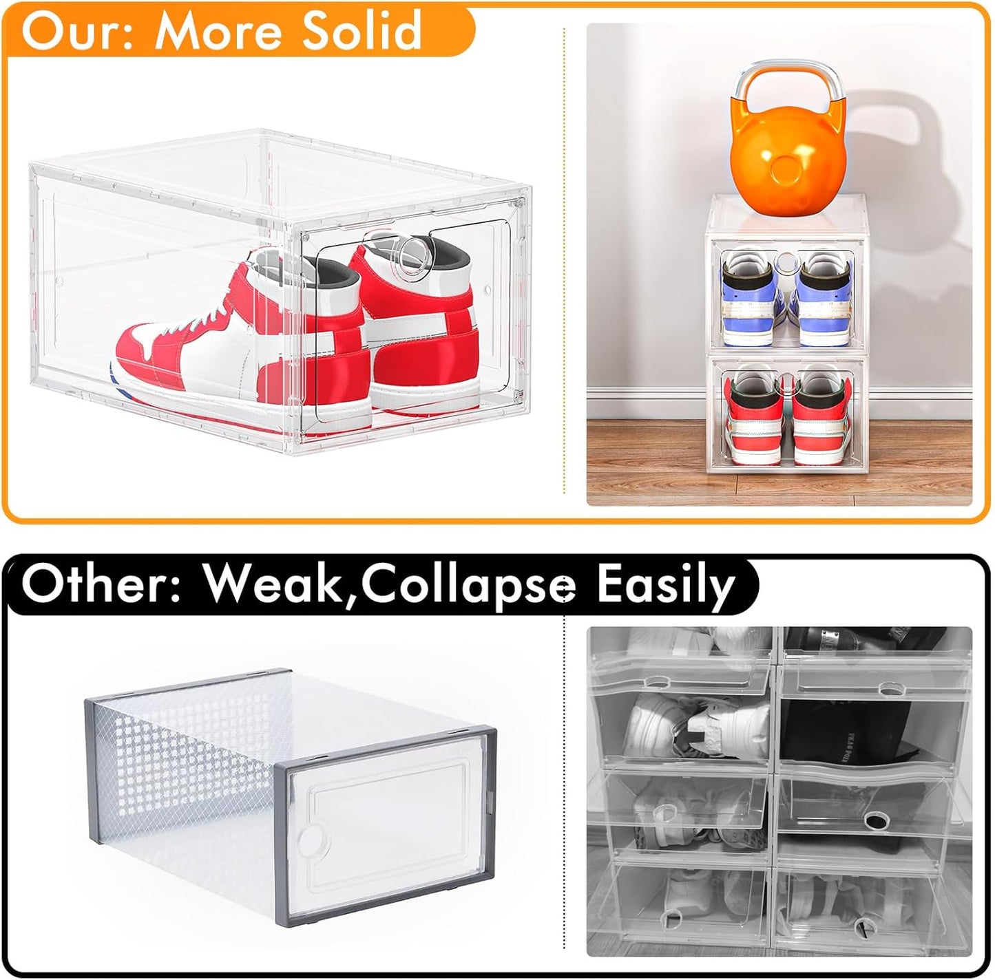 12 Pack Upgrade Harder Shoe Organizer, Shoe Storage with Magnetic Front Door, Clear Shoe Boxes Foldable Space-Saving Shoe Rack for Sneaker Boot Container, White
