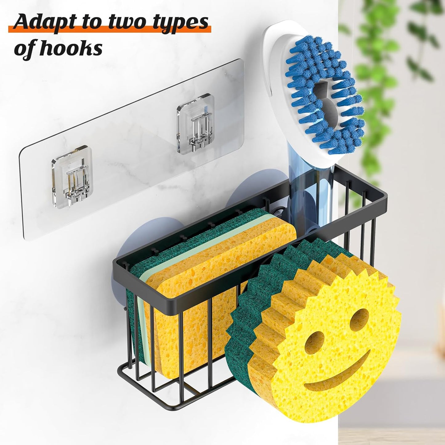 Sponge Holder Smiley Face, Sink Caddy for kitchen Sink, Kitchen Organizer Sponge Holder with 2 PCS Suction Cups/1 PCS Adhesive Strips, Designed for Sponge, Soap, Dish brush, Scrubber-Black