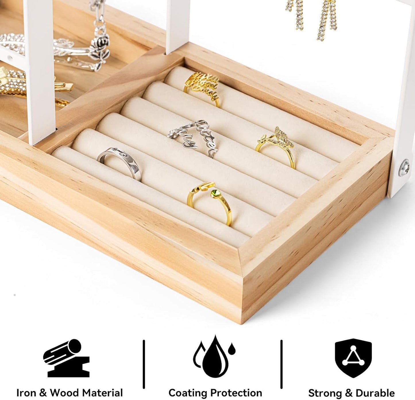 DreamGenius Jewelry Organizer Stand with Velvet Ring Holder, 4 Tier Jewelry Holder Organizer with 11 Hooks for Necklaces and 132 Holes for Earrings, White