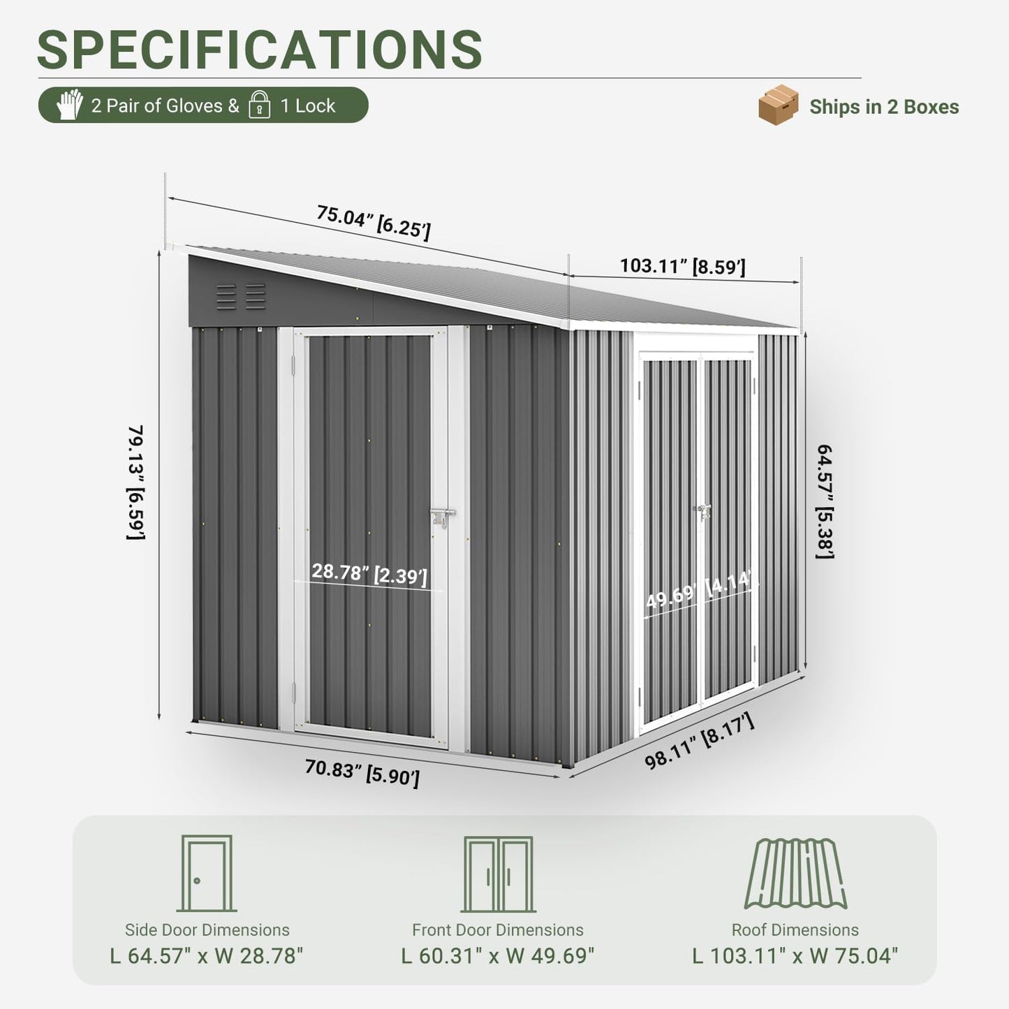 8x6 FT Outdoor Storage Shed with Sloping Roof, Lockable Double Doors & Adjustable Side Door, Weatherproof with Frame Floor, Compact Metal Tool Shed for Garden, Backyard and Patio