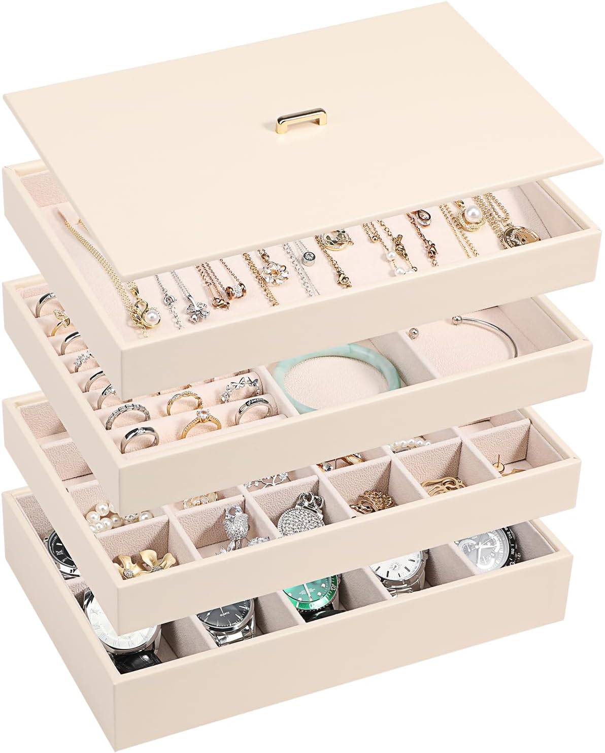 Voova Stackable Jewelry Organizer Tray with Lid, PU Leather Jewelry Storage Holder for Drawer Inserts, Jewellery Display Box Case for Earring Necklace Ring Watch Bracelet (Set of 4, Apricot)