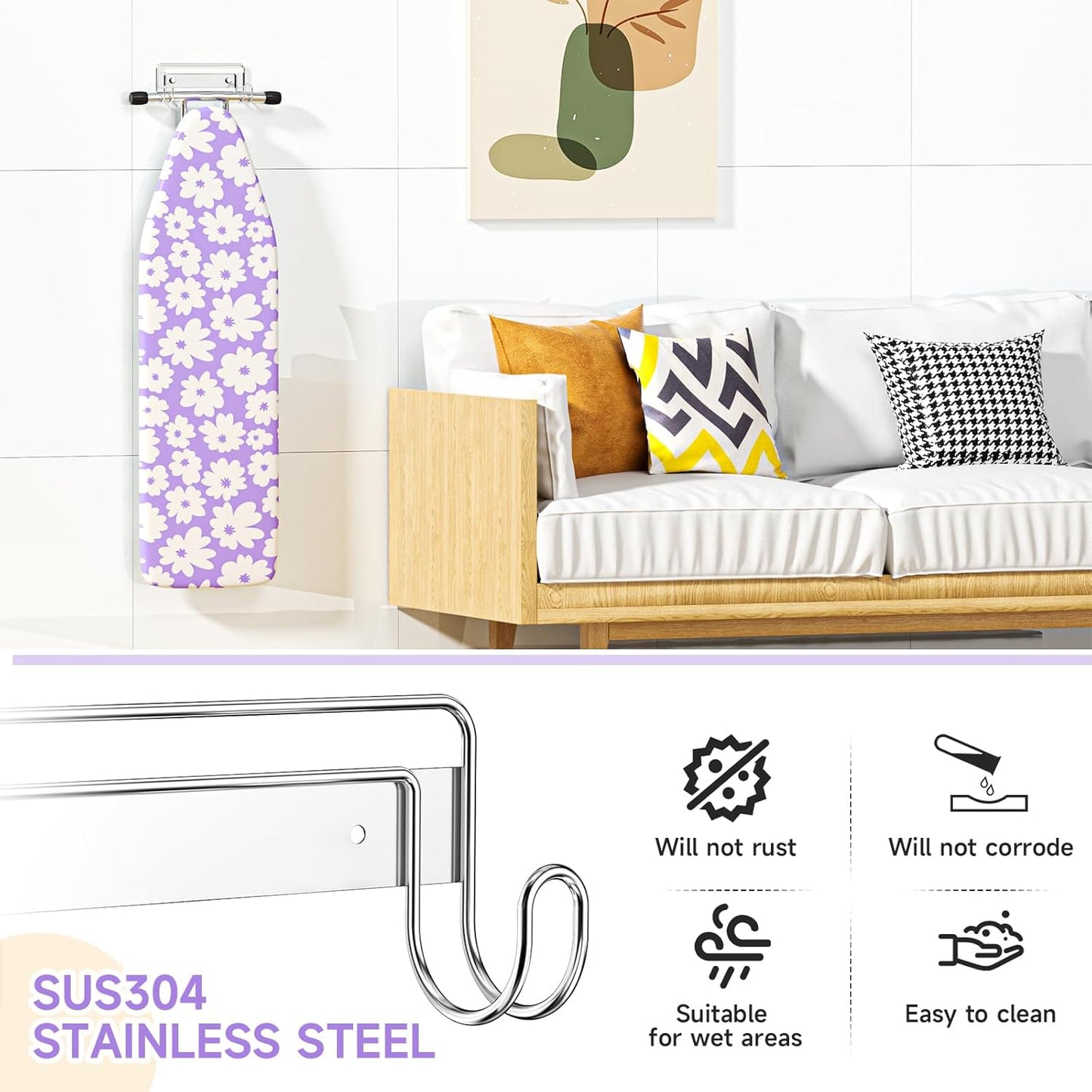 Ironing Board Holder Wall Mount, Iron Board Holder Stainless Steel, Wall Mounted Ironing Board Hanger, Y T Leg Laundry Rooms Iron Board Holder for Wall Heavy Duty